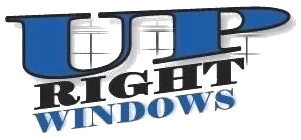 The "Up Right Windows" logo, featuring blue text with a black "RIGHT" overlay and a window-pane graphic background.