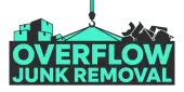 Logo for Overflow Junk Removal: Turquoise text on a black rectangle, a crane lifting junk.