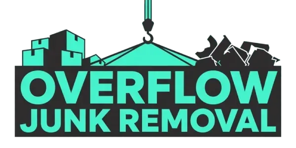 Logo for Overflow Junk Removal: Turquoise text on a black rectangle, a crane lifting junk.
