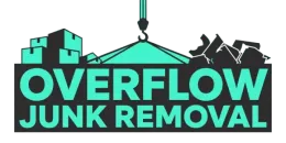 Logo for Overflow Junk Removal: Turquoise text on a black rectangle, a crane lifting junk.