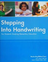Book cover: "Stepping Into Handwriting" with students and teacher. Blue background.