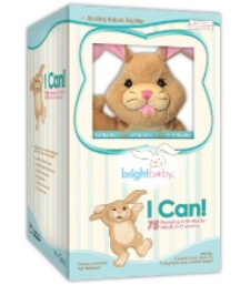 Box for "I Can!" Bright Starts toy; bunny plush inside, light blue and pink.