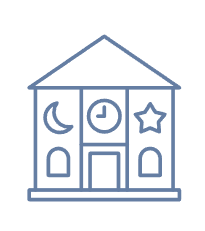 Schoolhouse with moon, clock, and star symbols.