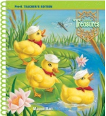 Yellow ducklings in sailor hats on lily pads, next to water, from a teacher's edition textbook.