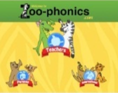 Zoo-phonics website with animated animal characters. Green, yellow background. Options for Teachers, Parents, & Home Learning.