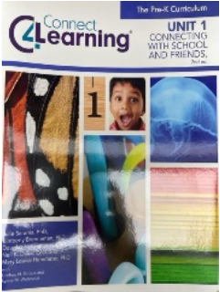 Connect 4 Learning Unit 1 cover: Boy smiling, butterfly, jellyfish, colorful art. "Connecting with School and Friends."