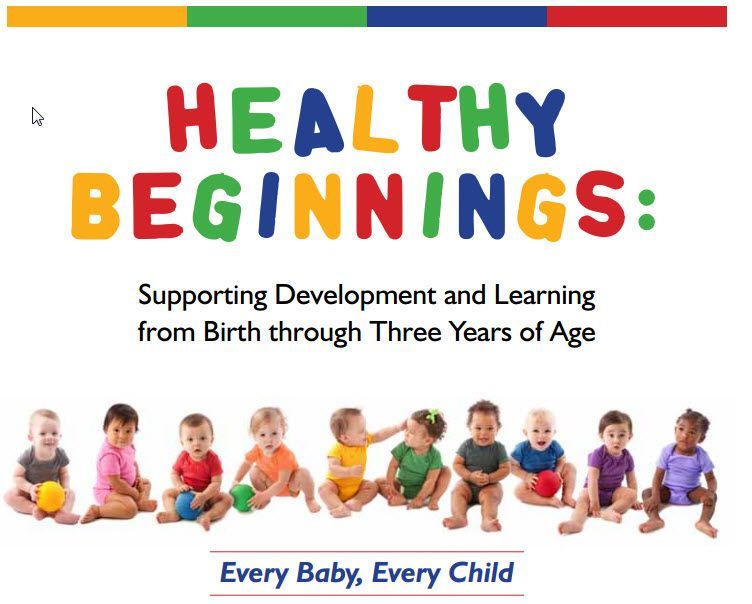 Title slide: "Healthy Beginnings" with diverse babies below and text "Supporting Development..." in a white background.