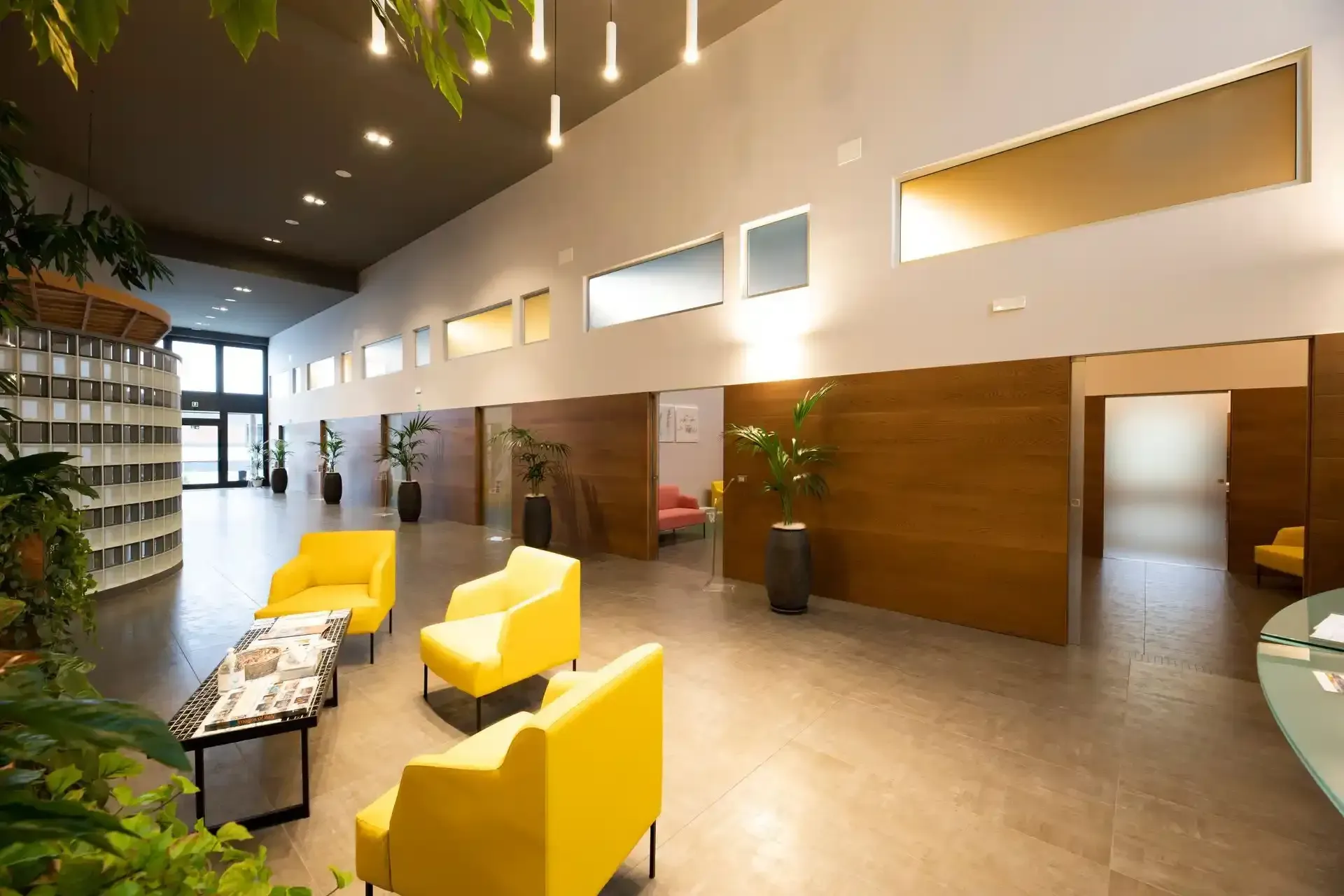 Atrio con sedie gialle, pareti in legno e piante in vaso.