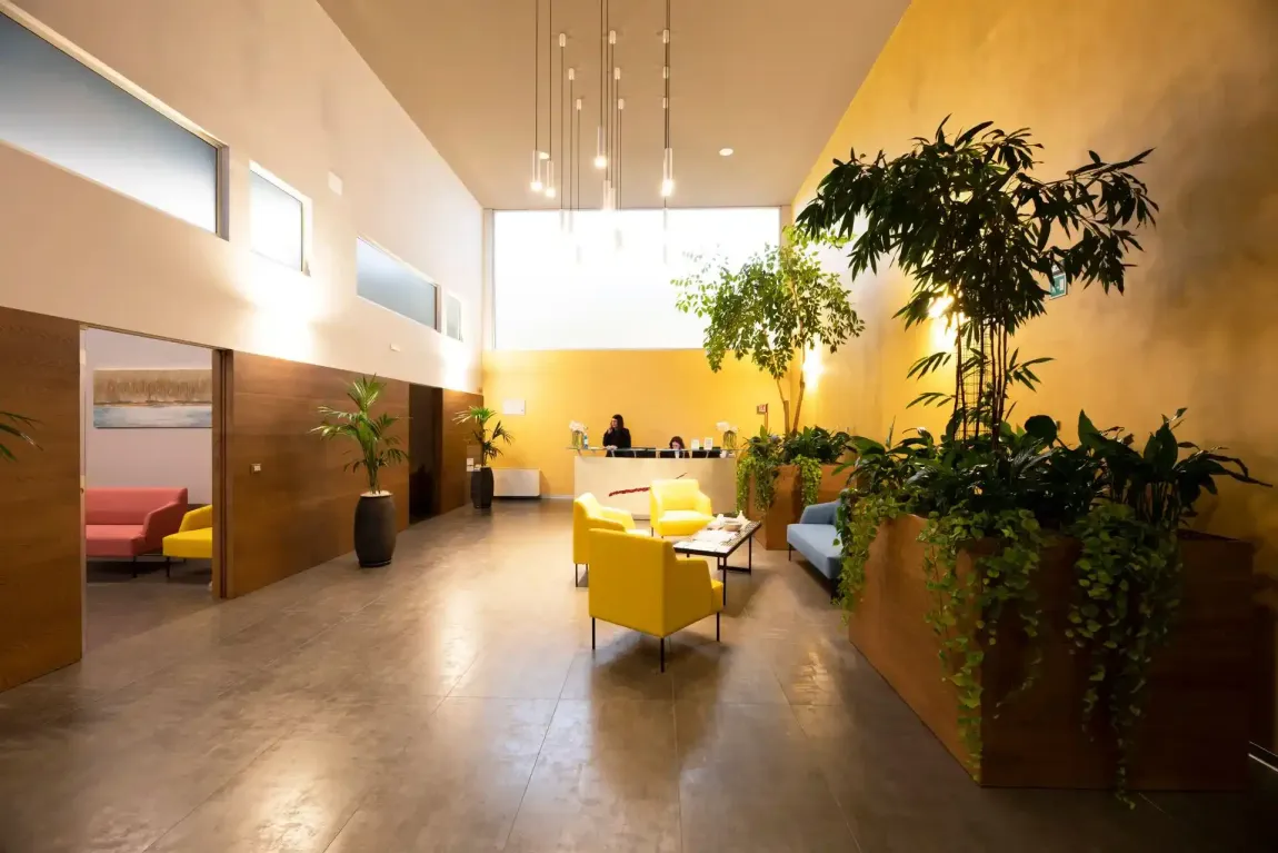Moderna hall con piante, parete gialla, posti a sedere e reception.