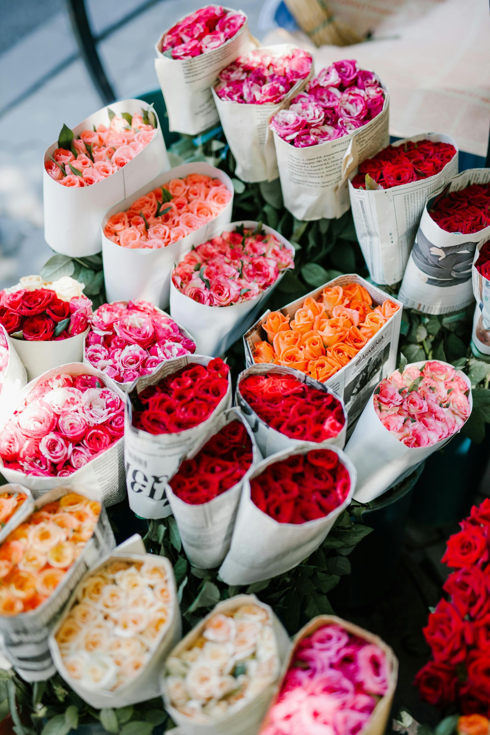 Bundles of colorful roses in white paper cones at an outdoor flower market.
