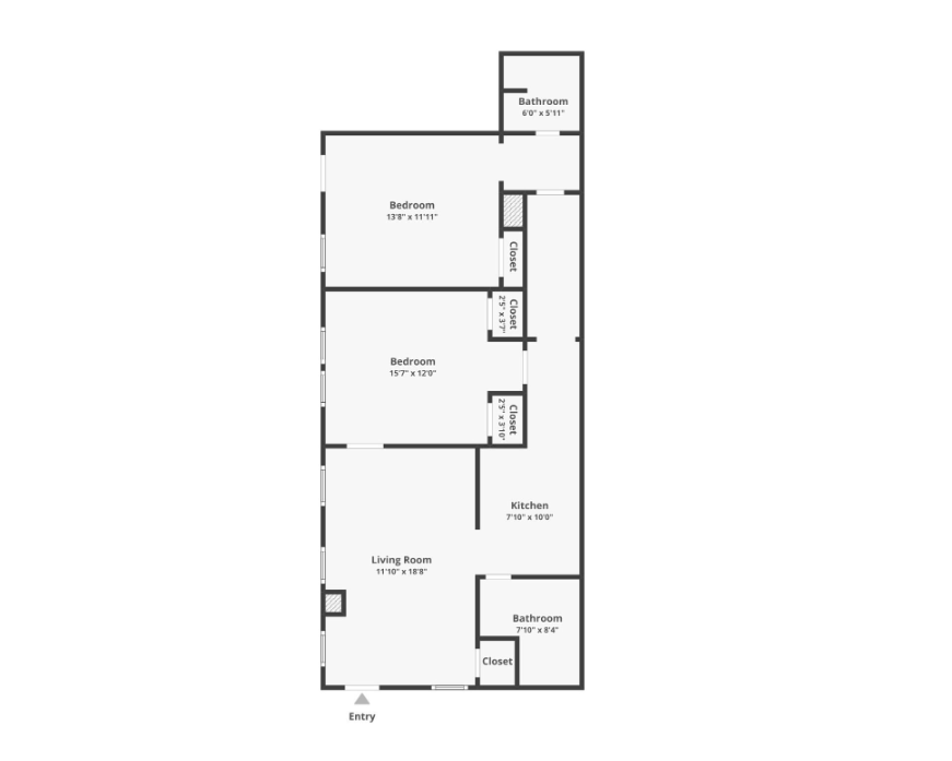 Floor plan of an apartment with a living room, kitchen, two bedrooms, and a bathroom.