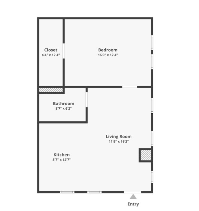 Floor plan: apartment layout, including bedroom, closet, bathroom, living room, and kitchen.