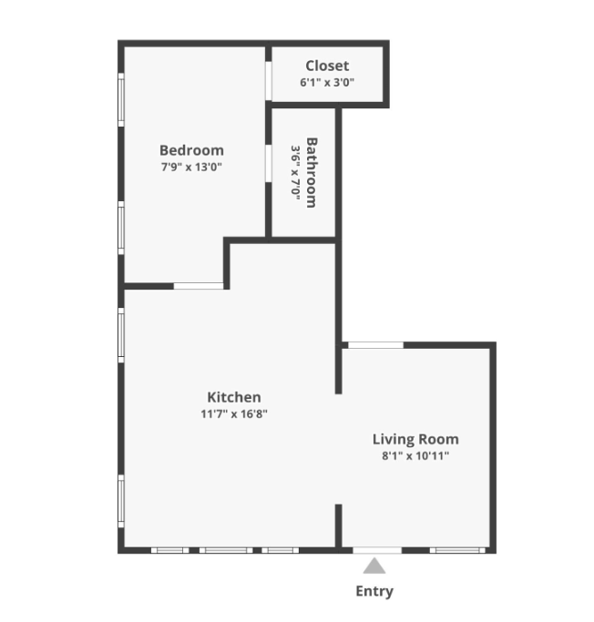 Floor plan of a small apartment: bedroom, kitchen, living room, bathroom, closet, and entry.