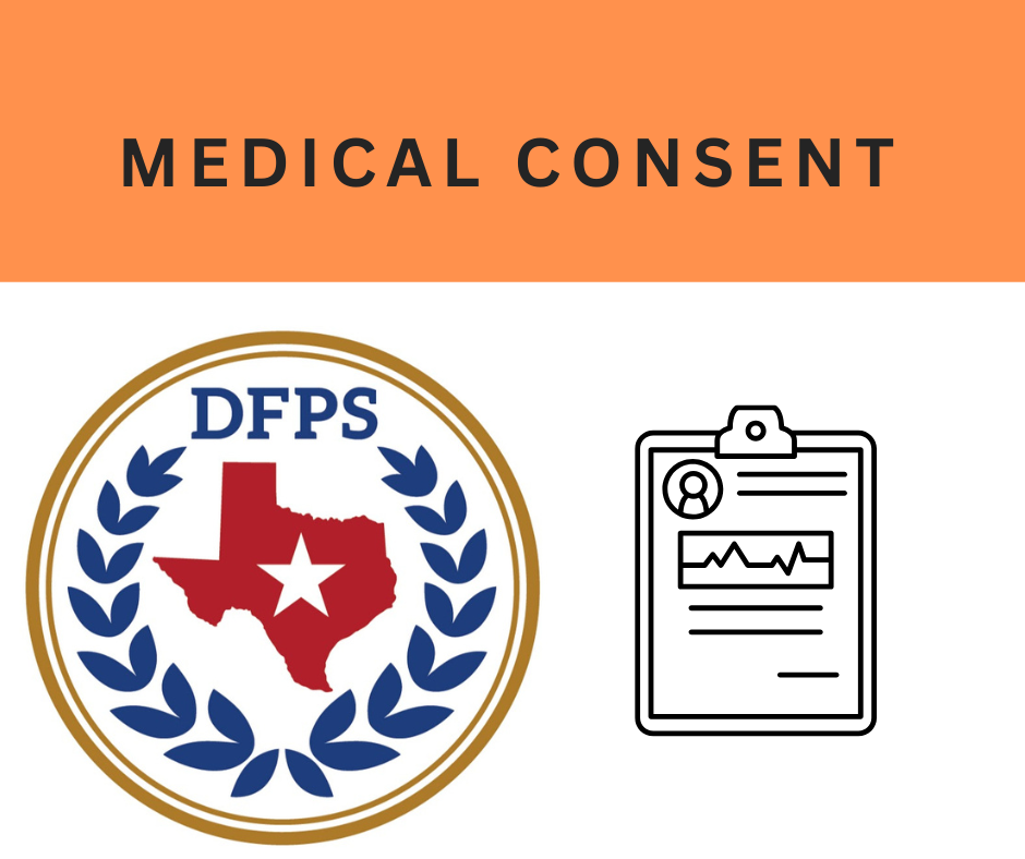 Medical consent graphic: DFPS logo, medical chart icon, and orange header.
