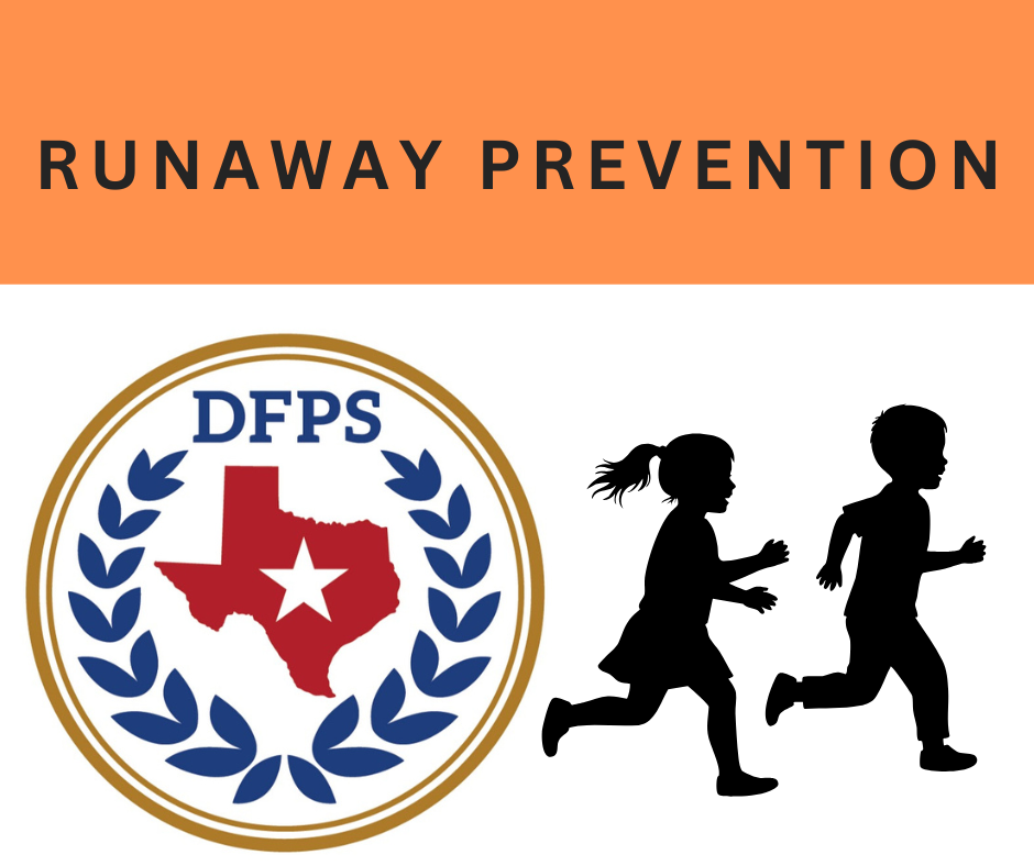 Runaway prevention graphic: children running, DFPS logo, text