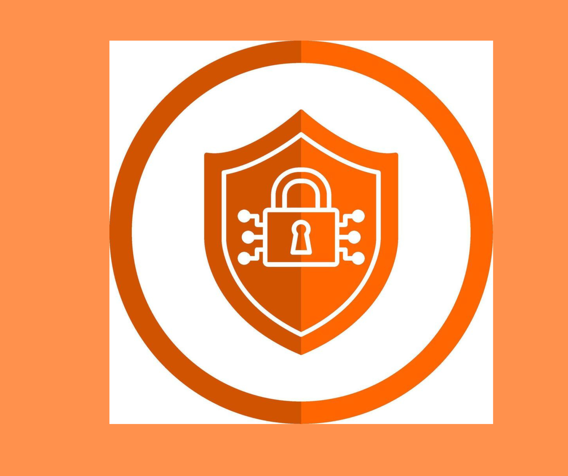 Orange security shield with a padlock inside a circle.
