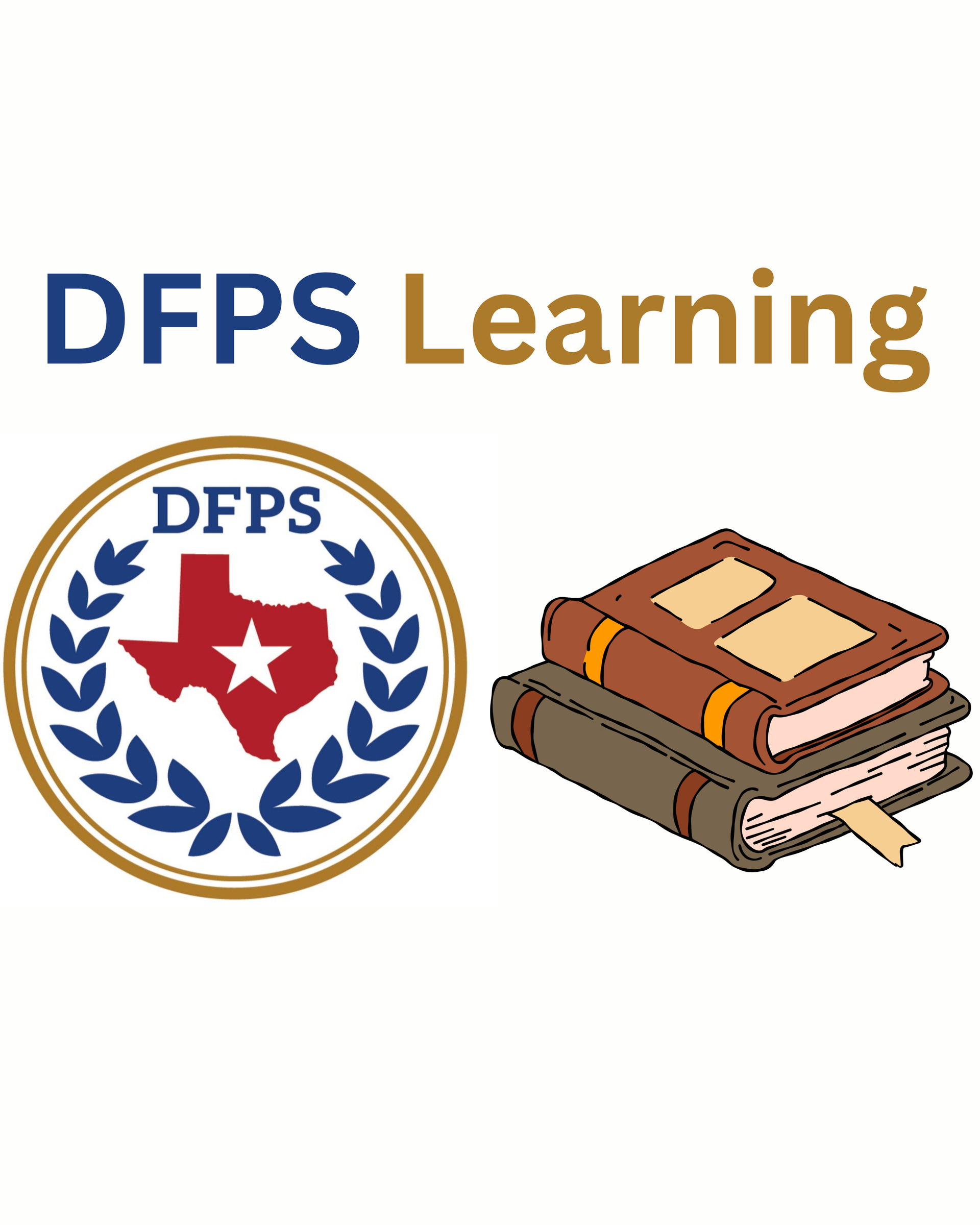 DFPS Learning logo with books; logo features Texas outline, text, and a laurel wreath.