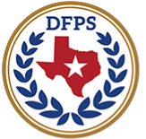 DFPS emblem: Texas outline in red, white star, blue laurel wreath, gold border, 