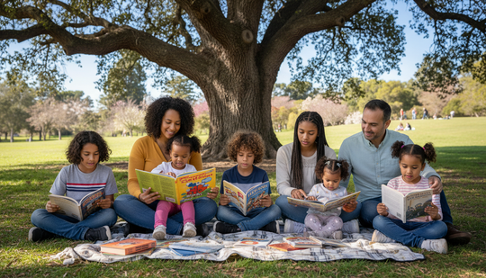 Family reading books together under a tree in a park.