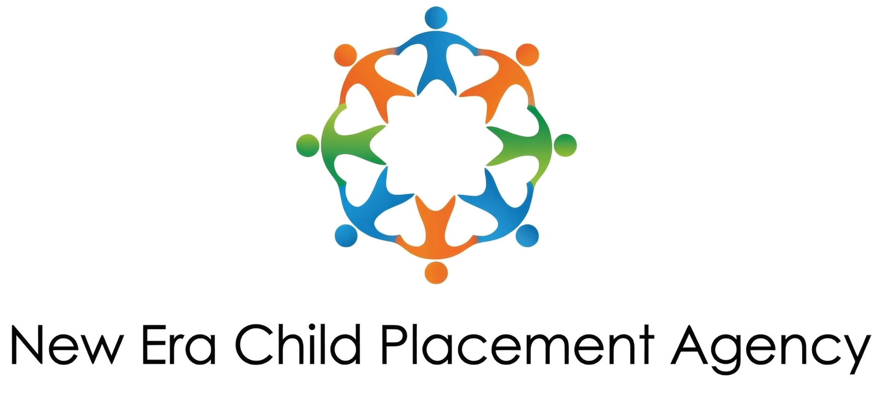 Logo of New Era Child Placement Agency: Circle of figures holding hands in orange, green, and blue, with text below.