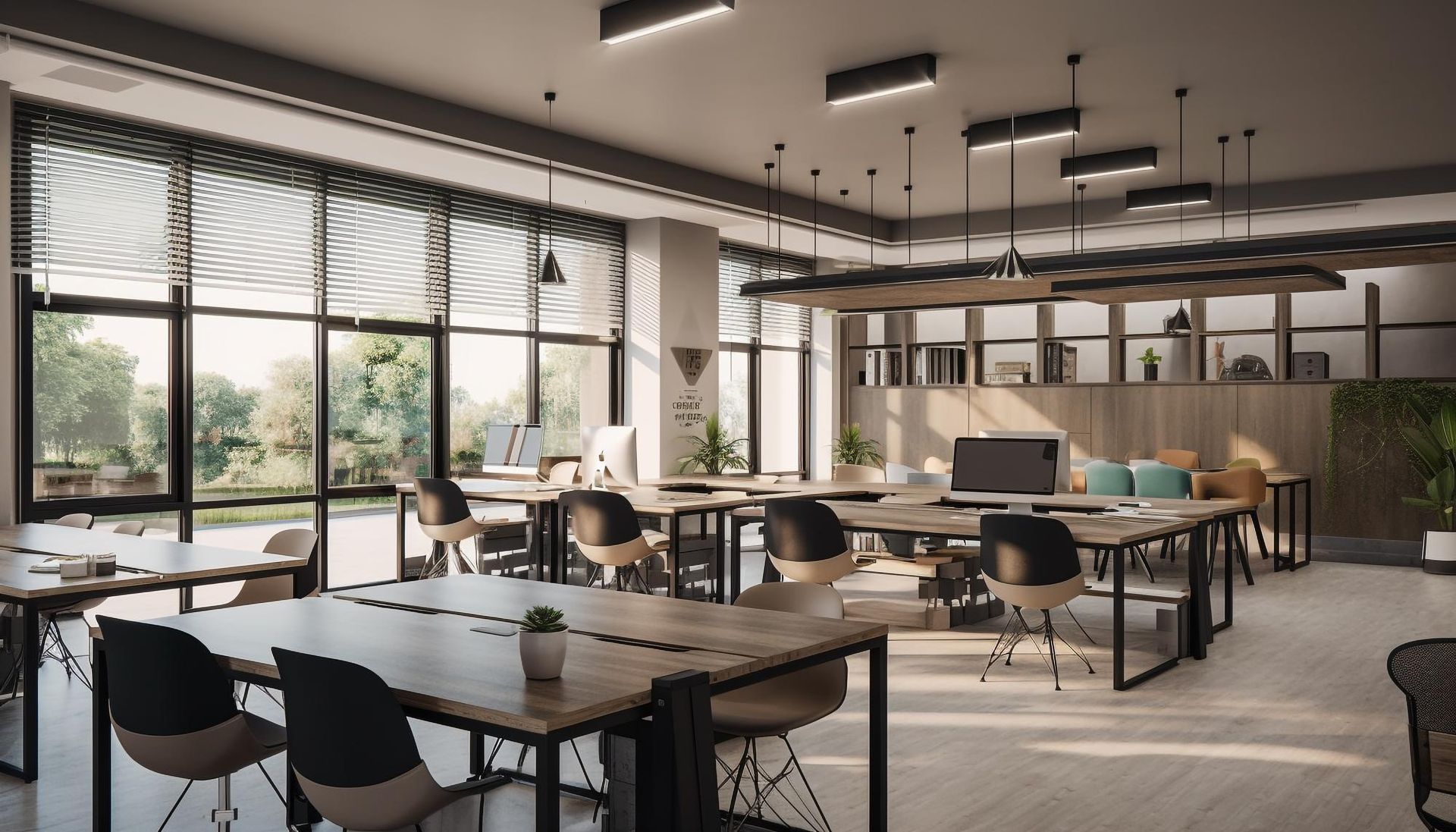 An artist 's impression of an office with lots of tables and chairs