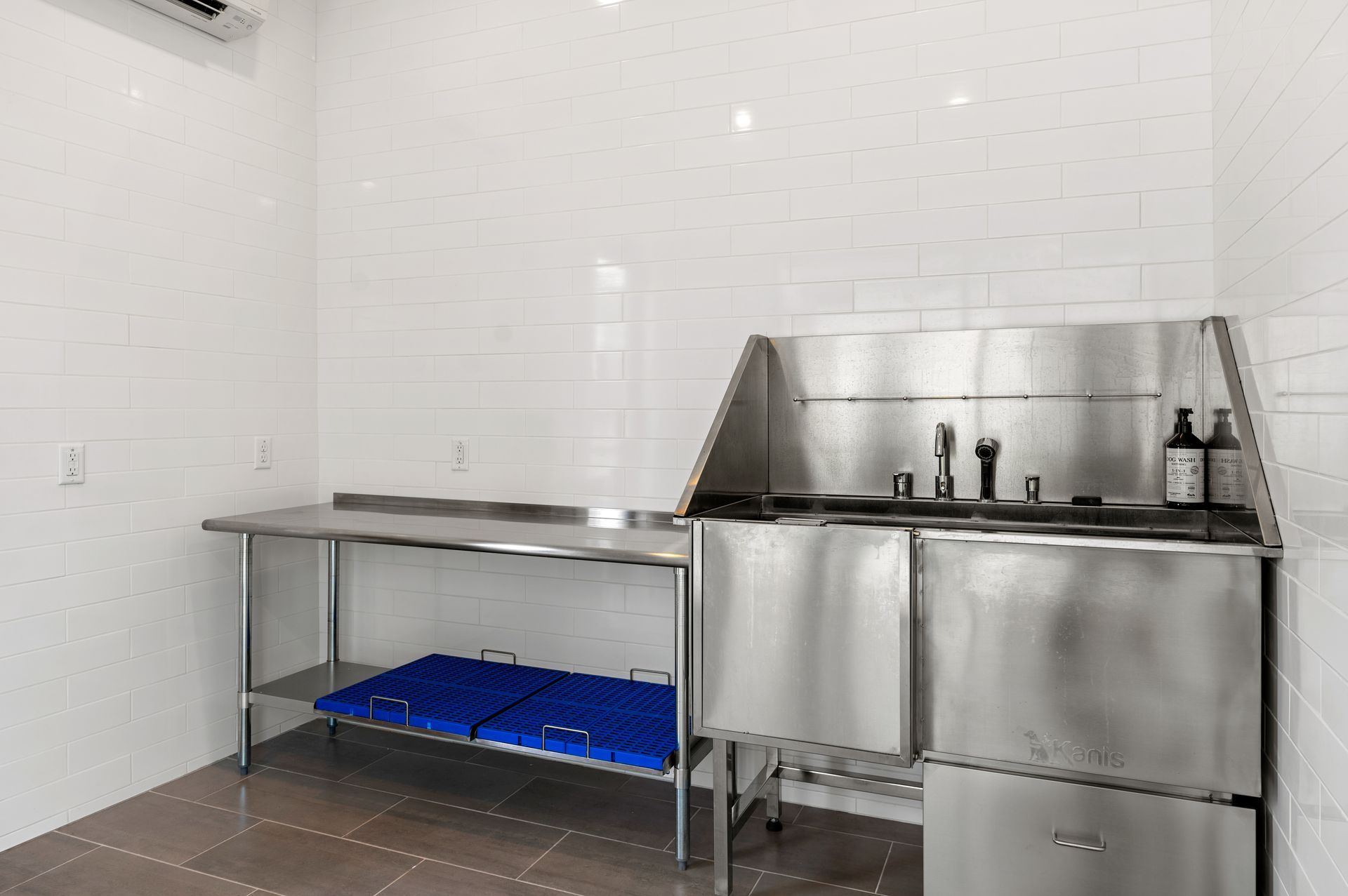 Pet spa with a stainless steel sink and a blue mat.