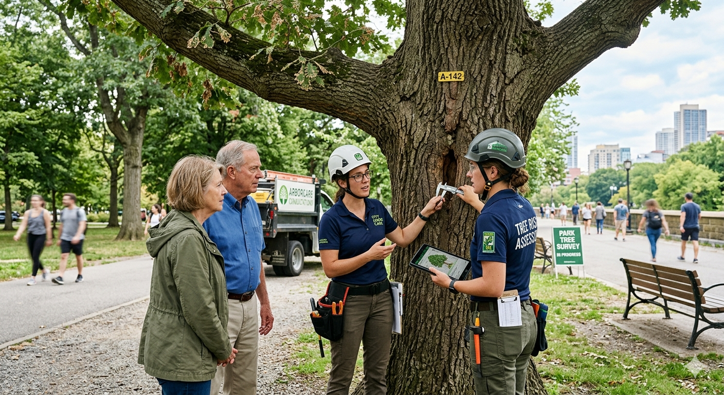 People in helmets discussing a tree in a park, with a bench and city skyline in the background.
