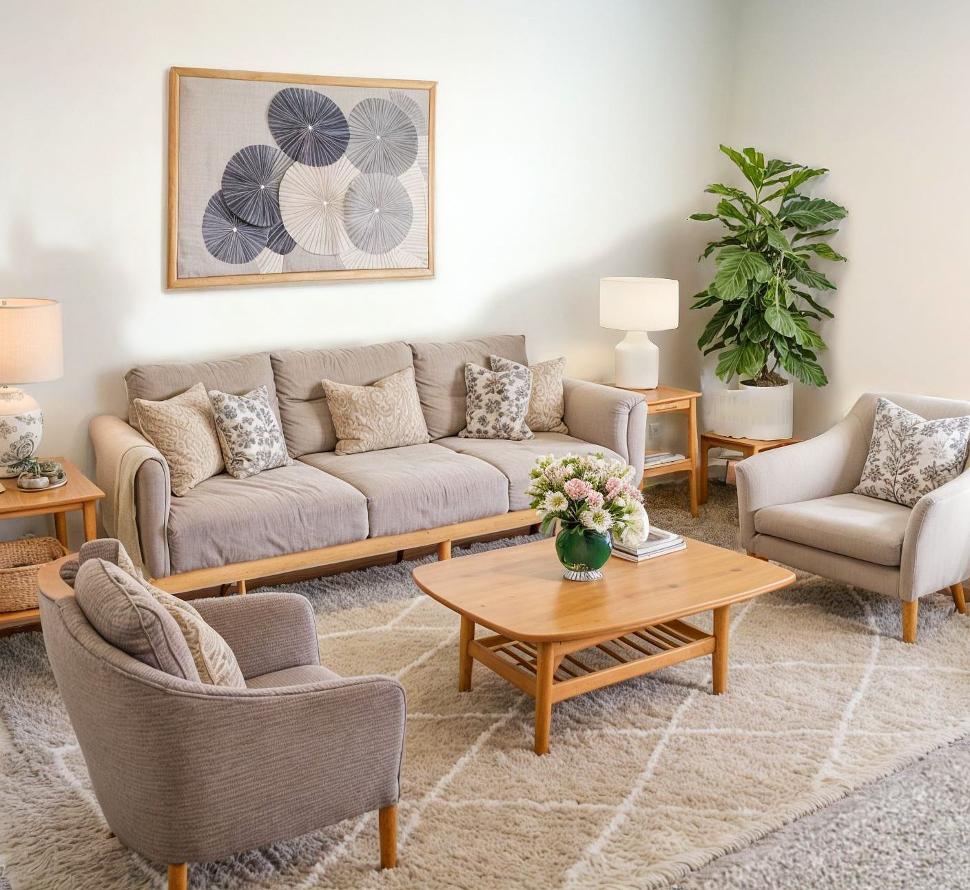 A living room with a couch , chairs , and a coffee table.