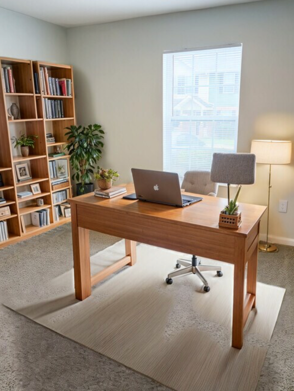 A wooden desk with a laptop on it in a home office.
