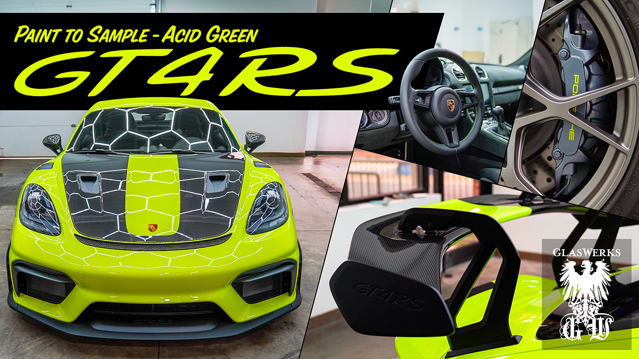 Acid Green Porsche 718 GT4 RS with full PPF, ceramic coating, and custom restyling at GlasWerks DMV