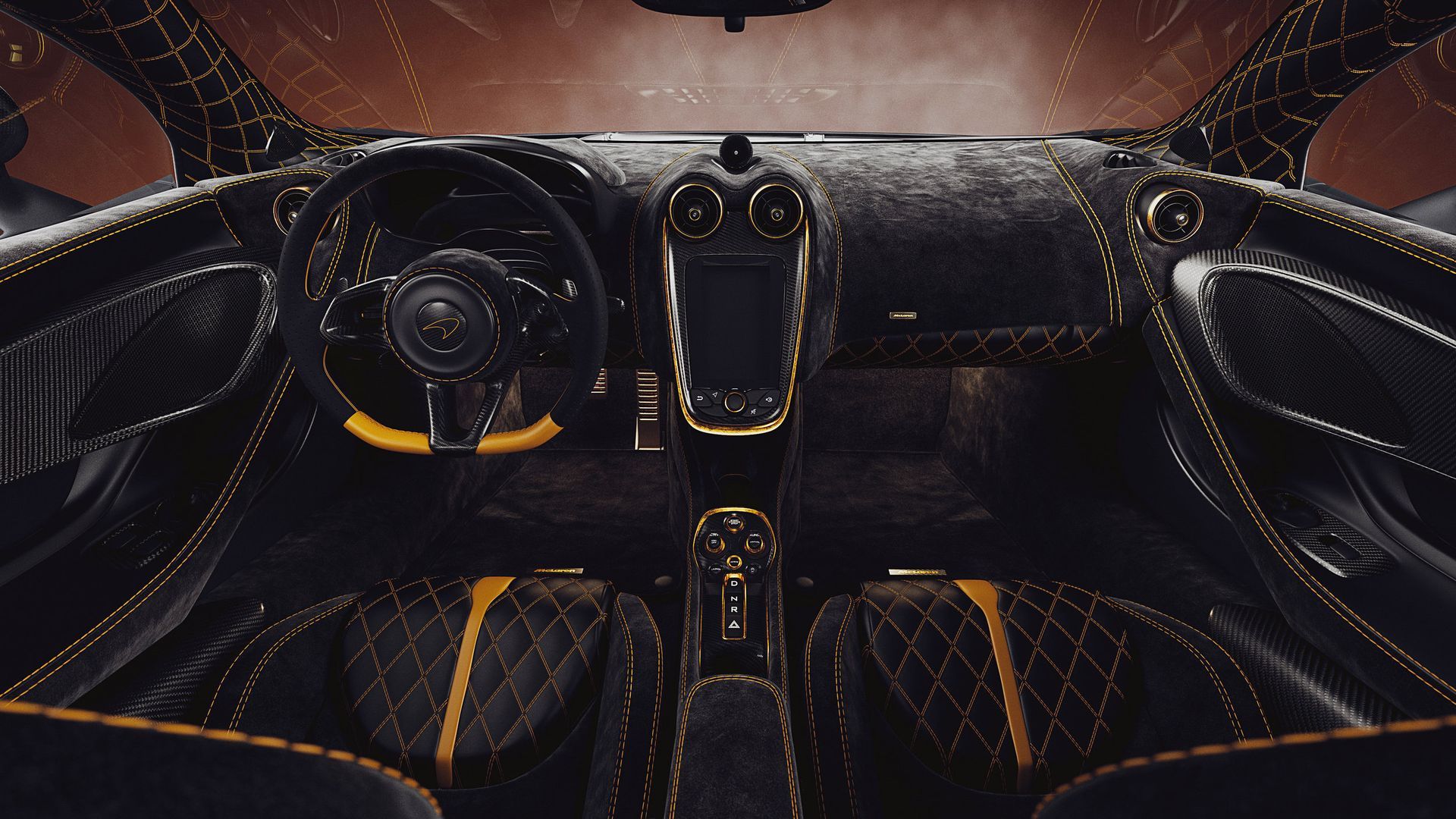 The interior of a car with a steering wheel and a dashboard.