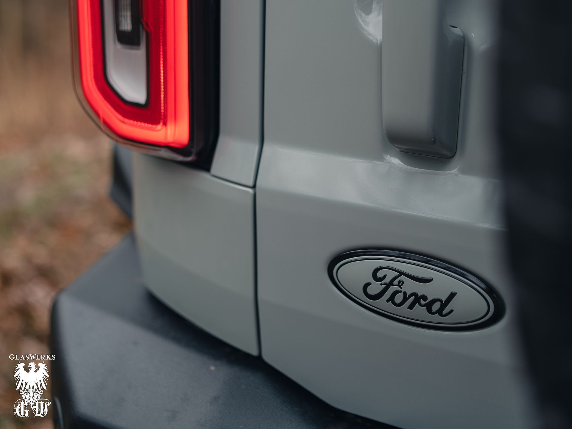 A close up of the rear end of a ford truck.