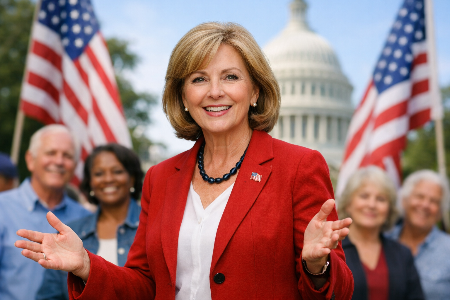 Four women smiling, posing for a photo. American flag in the background. Evening setting.
