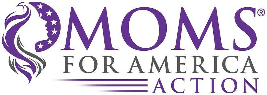 Logo for Moms For America Action with a woman's profile in purple and stars.