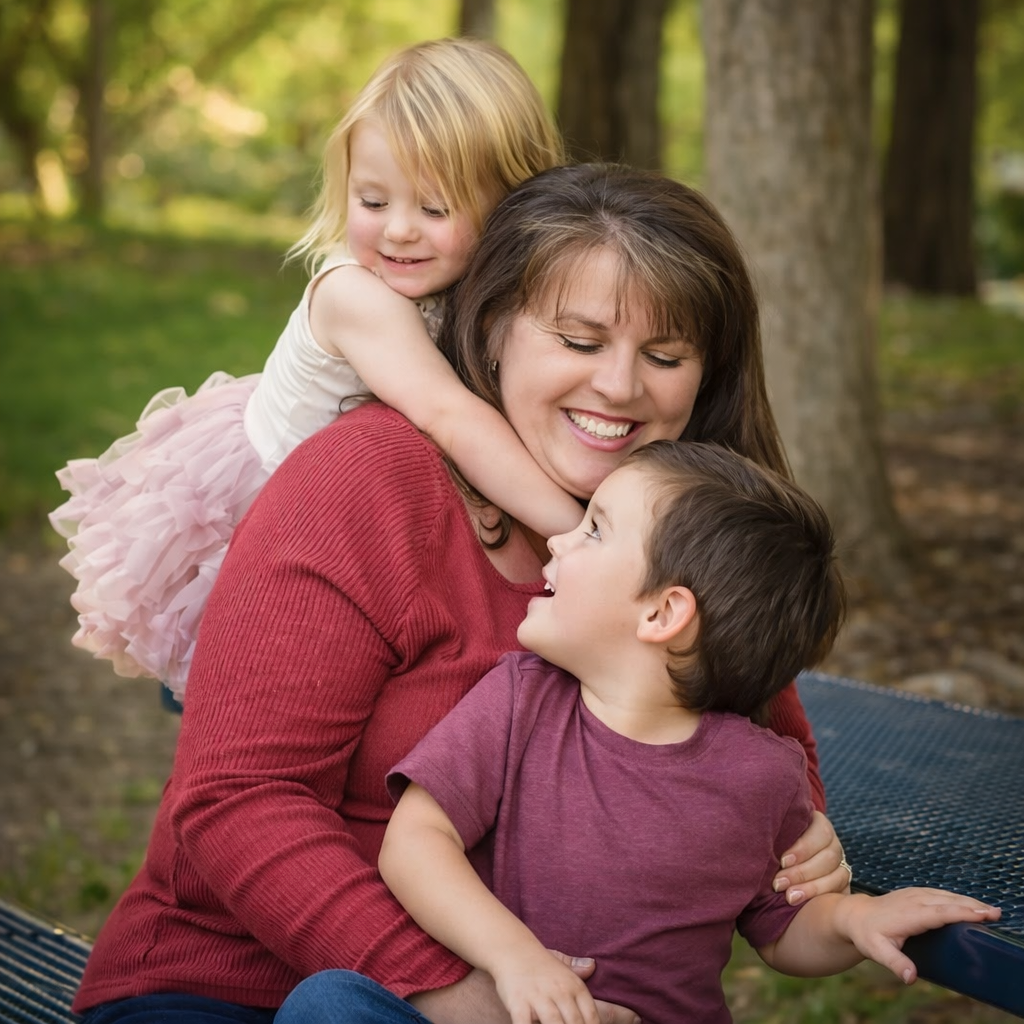 Woman smiles, embraced by a child with arms around her neck and another child in her lap, outdoors.