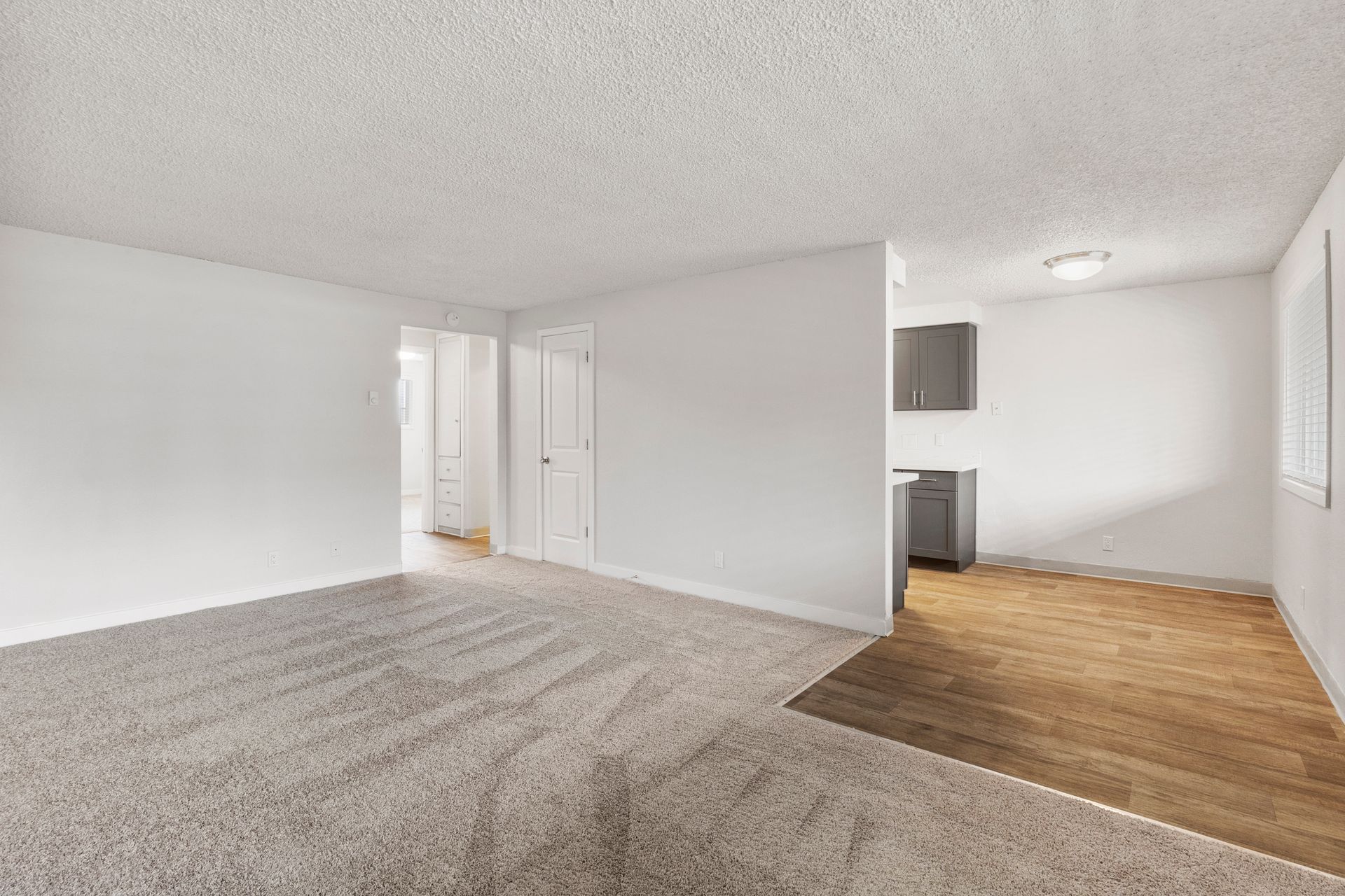 An empty living room with a carpeted floor and white walls.