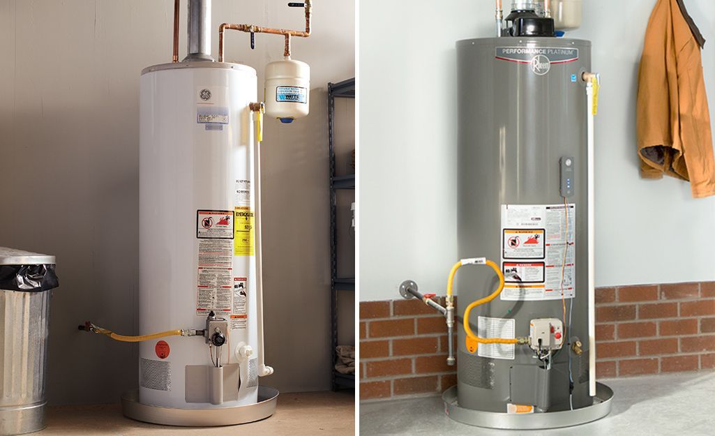 Before and after images of a water heater install next to each other in a garage.