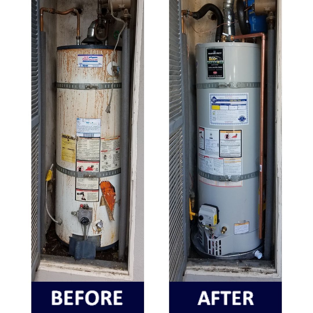 A before and after picture of a water heater replaced by Water Heater Repair of Phoenix