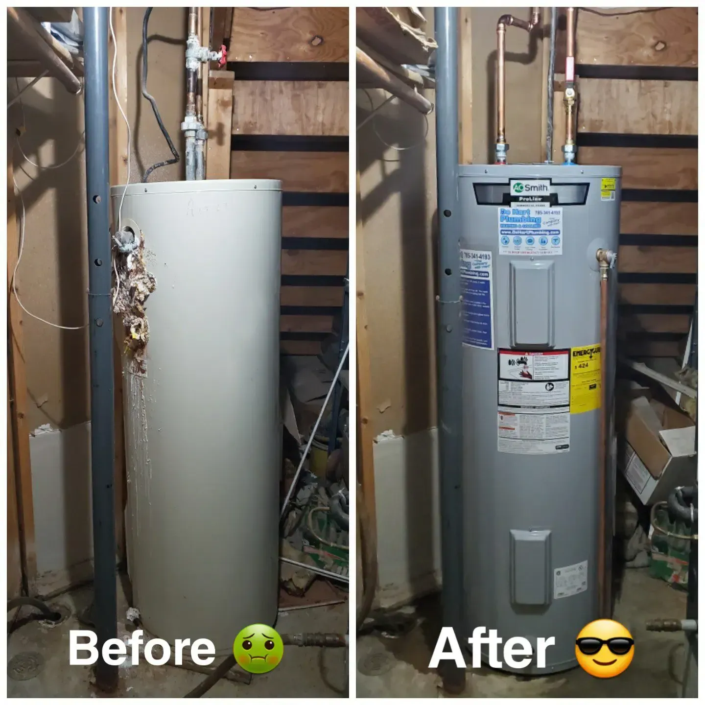 A before and after picture of a water heater in a basement.