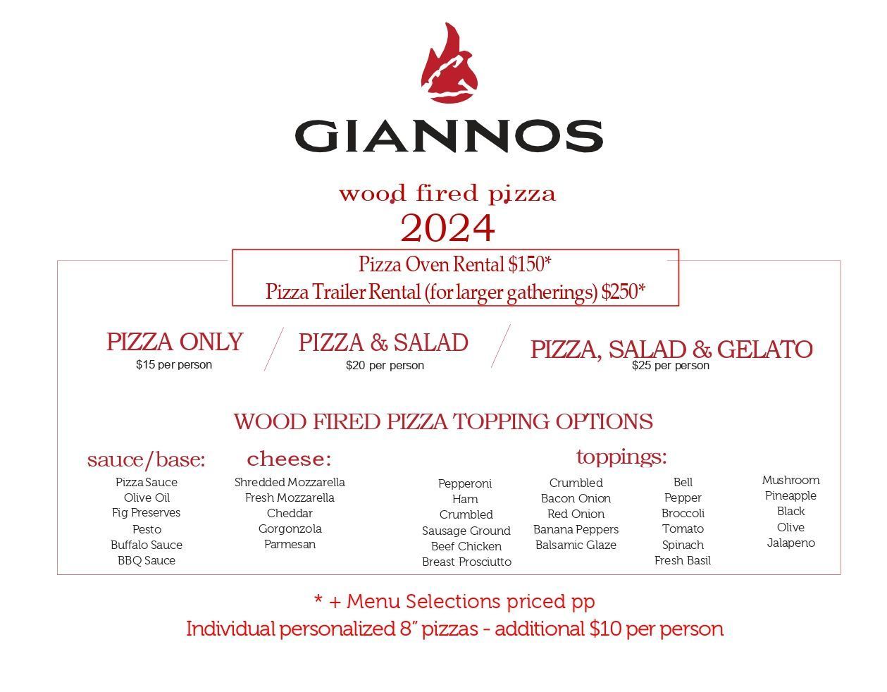 Pizza Menu | North Carolina | Gianno’s Wood Fired Catering
