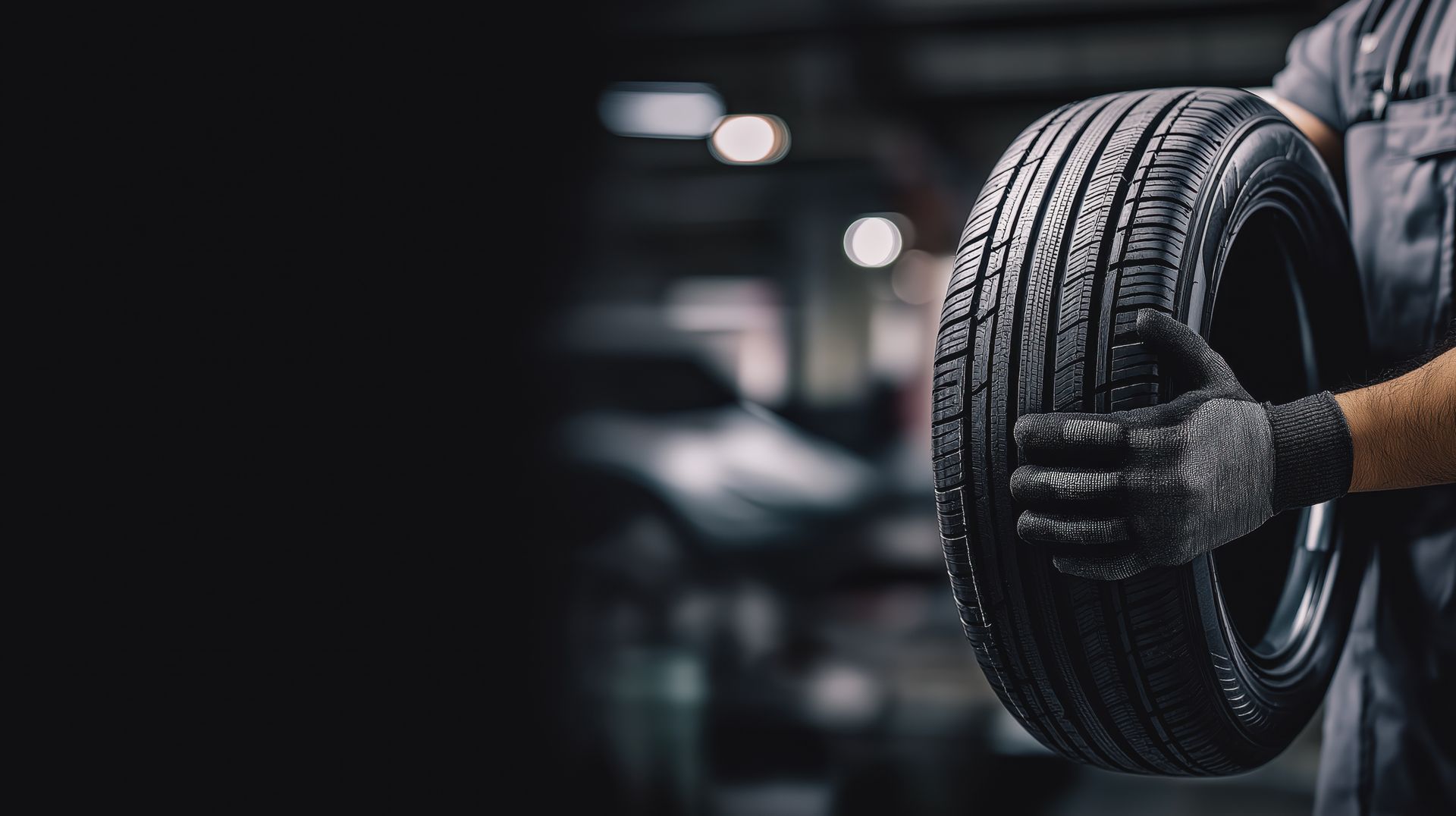 Mechanic holding a new tire in a garage, wearing gloves and a grey uniform.