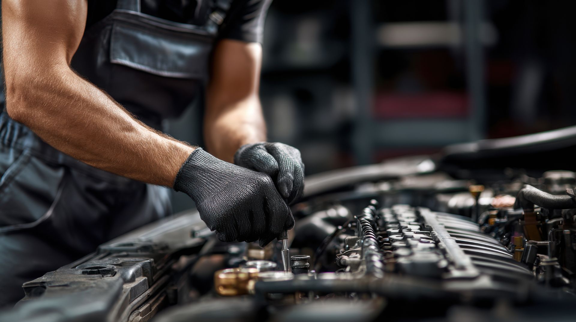 Mechanic in work gloves working on a car engine.