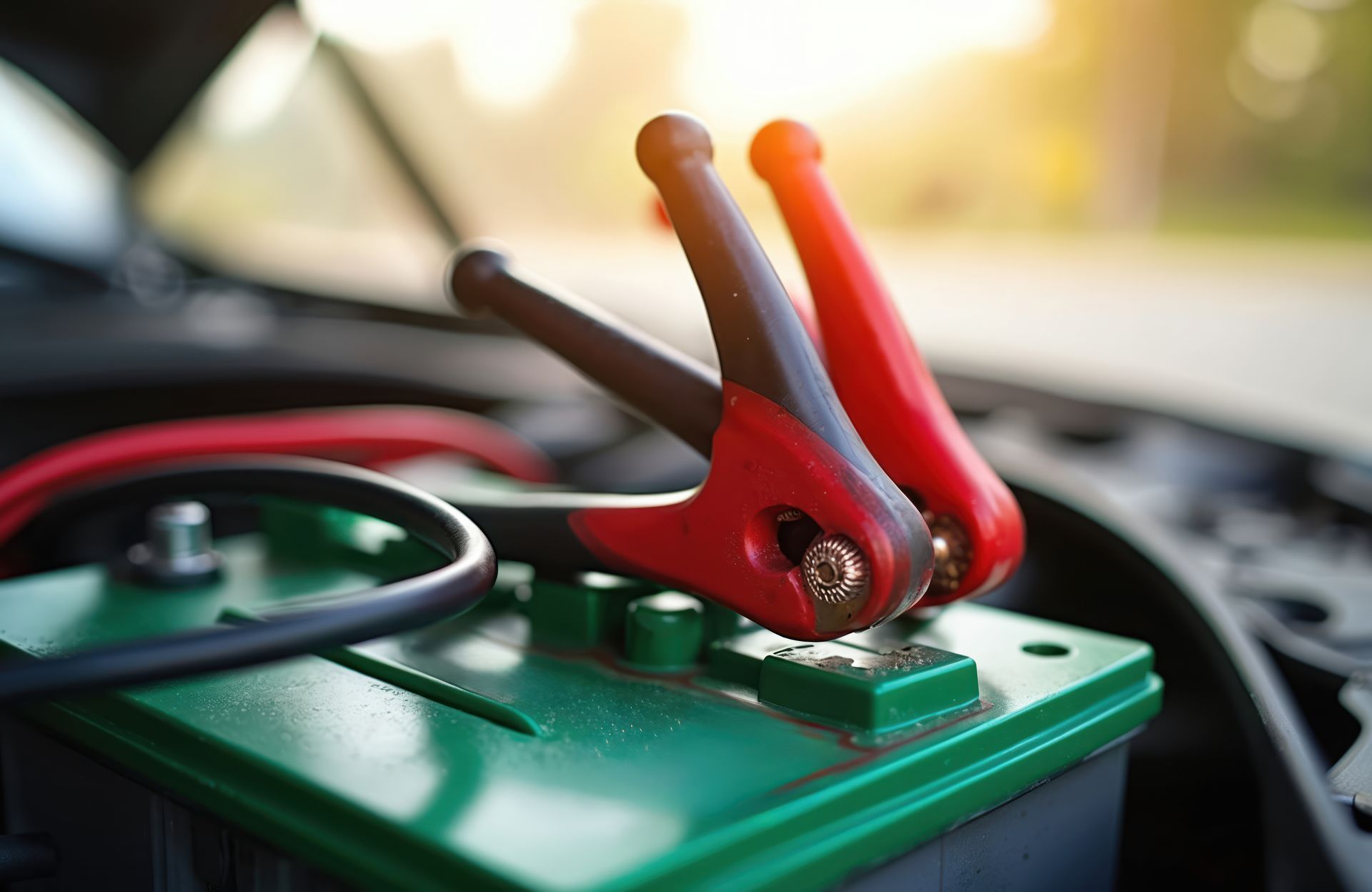 Jumper cables connected to a green car battery in an open engine compartment, red and black clips.