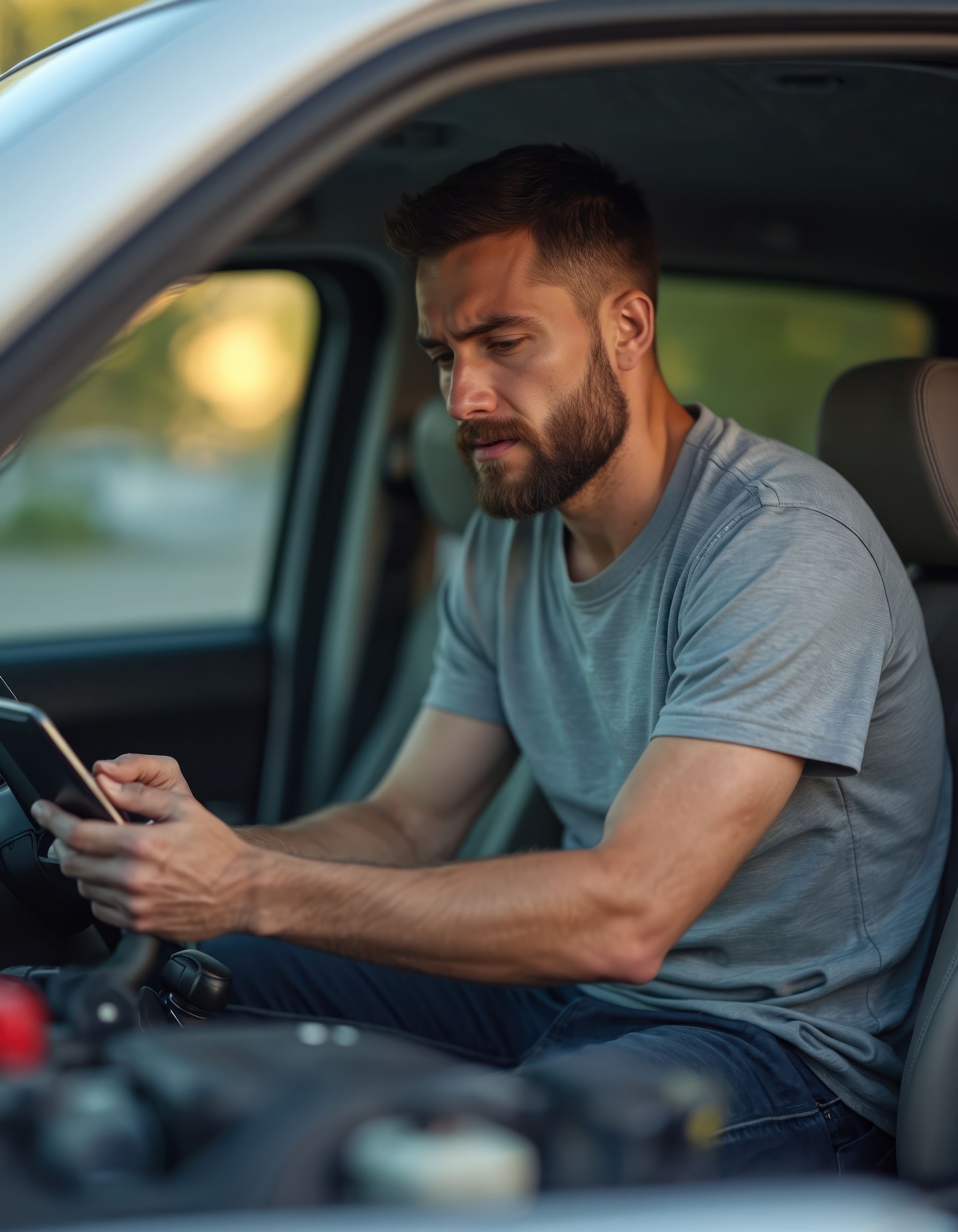 Man in a car, looking at a tablet with a worried expression.