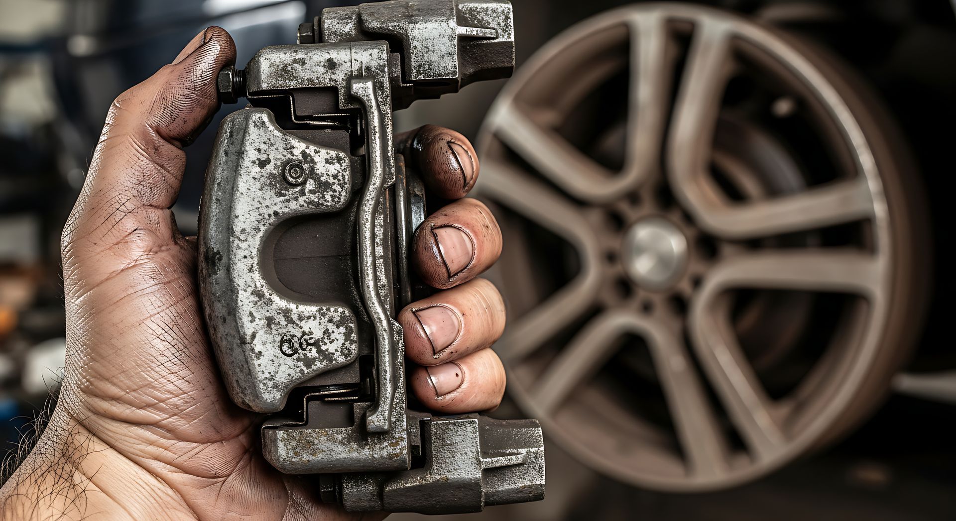 Hand holding a dirty car brake caliper, wheel in background.