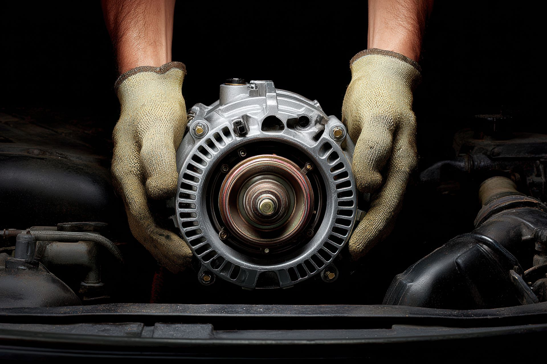 Hands in work gloves holding a car alternator, likely for repair or replacement, inside a vehicle's engine compartment. Hands in work gloves holding a car alternator, likely for repair or replacement, inside a vehicle's engine compartment.