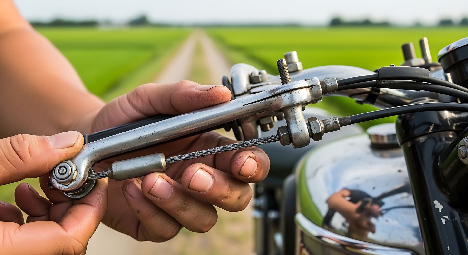 Person adjusting a motorcycle hand brake, with a green field and road in the background.