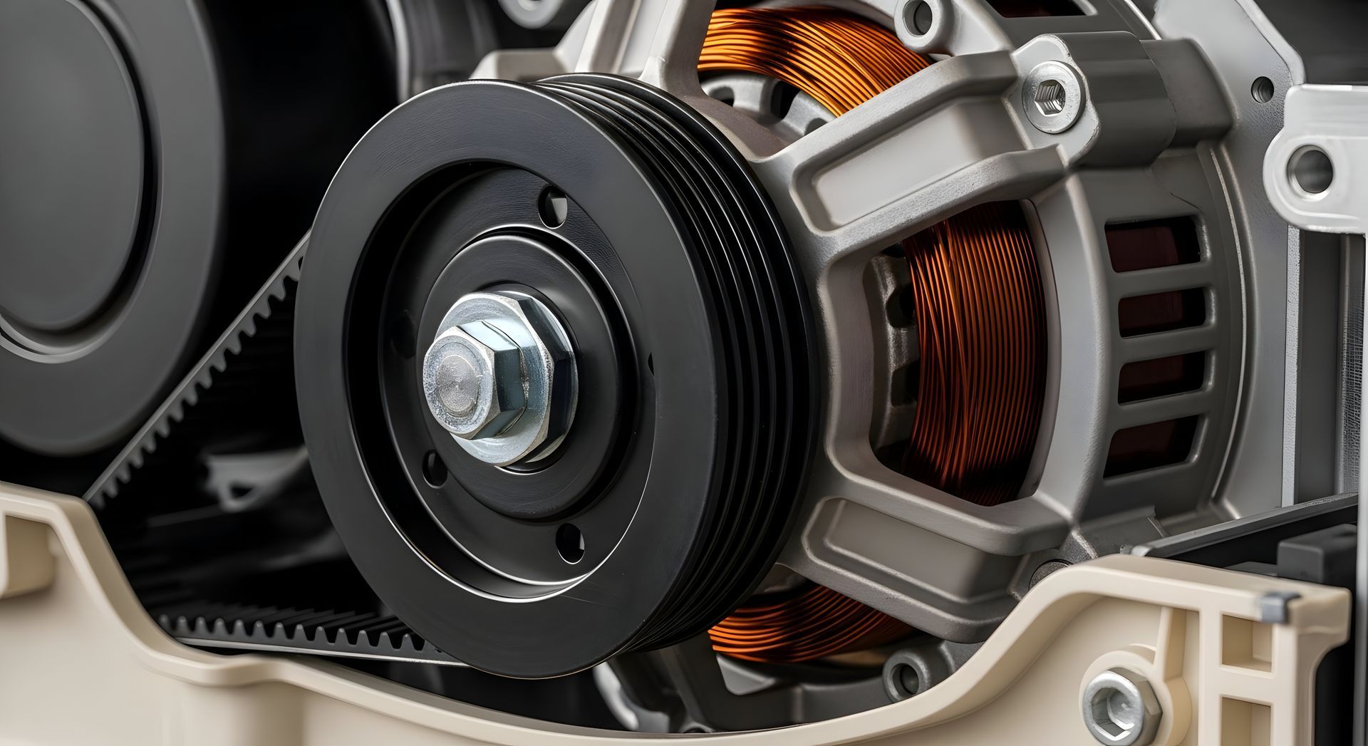 Alternator with pulley, belt, and copper windings, showing mechanical components. Alternator with pulley, belt, and copper windings, showing mechanical components.