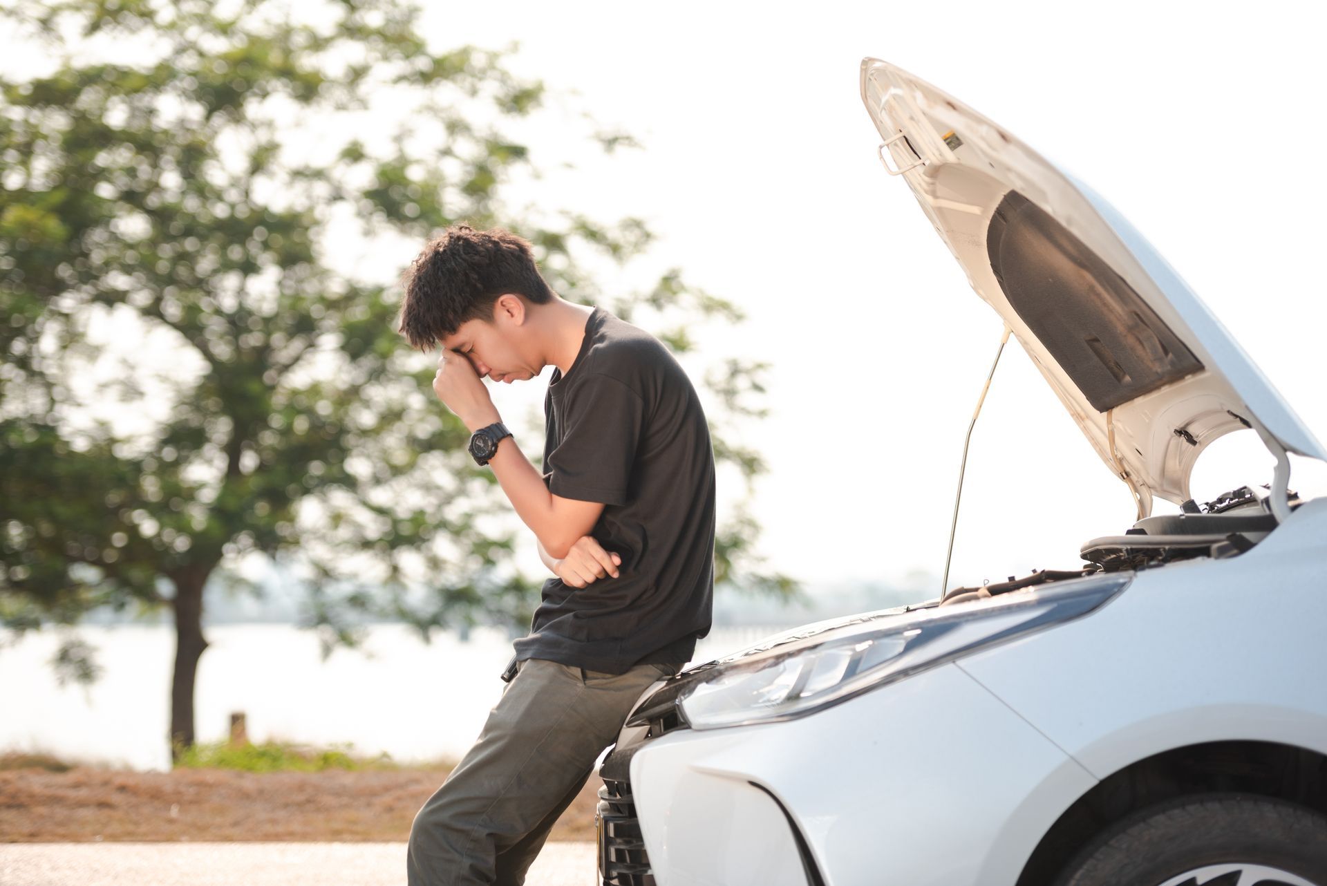 Man with head in hand, leans on a car with the hood up, looking distressed outdoors near trees and water.