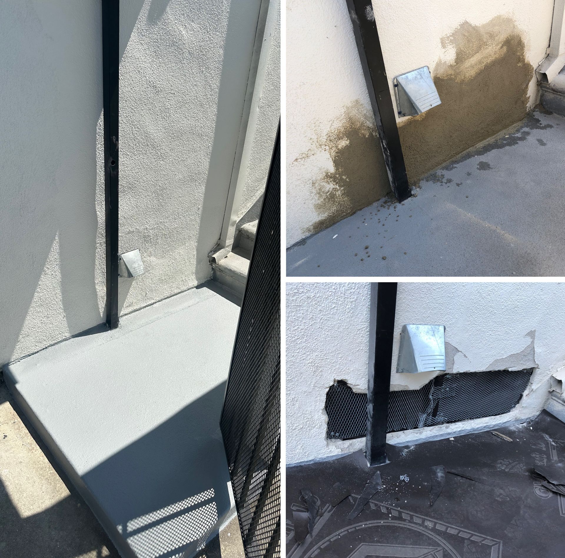 A collage of images showing different stages of damage to a building